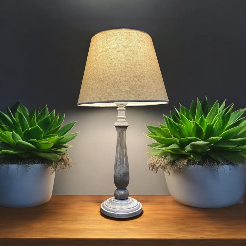 The Ludlow Lamp — Tall Wood-Effect, Taupe Linen Shade