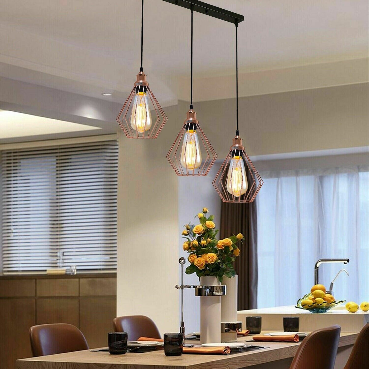 The Duskwire Bar — 3-Light Cage Pendant, Rose Gold