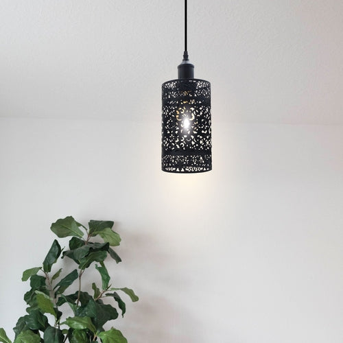 The Hollowmere Pendant — Black Perforated Cylinder Light