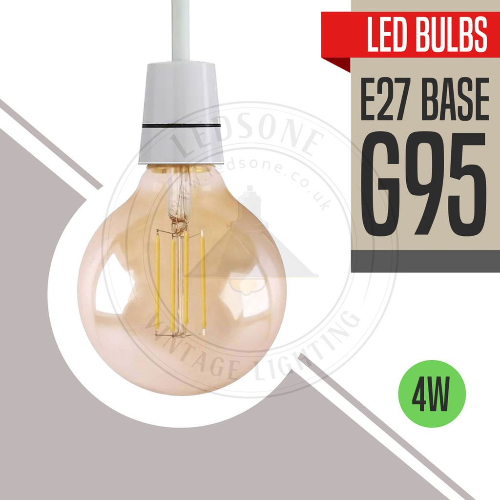 Brompton - Vintage Amber Glass G95 LED Globe Bulbs, E27 Dimmable 2700K, 4W, Set of Five