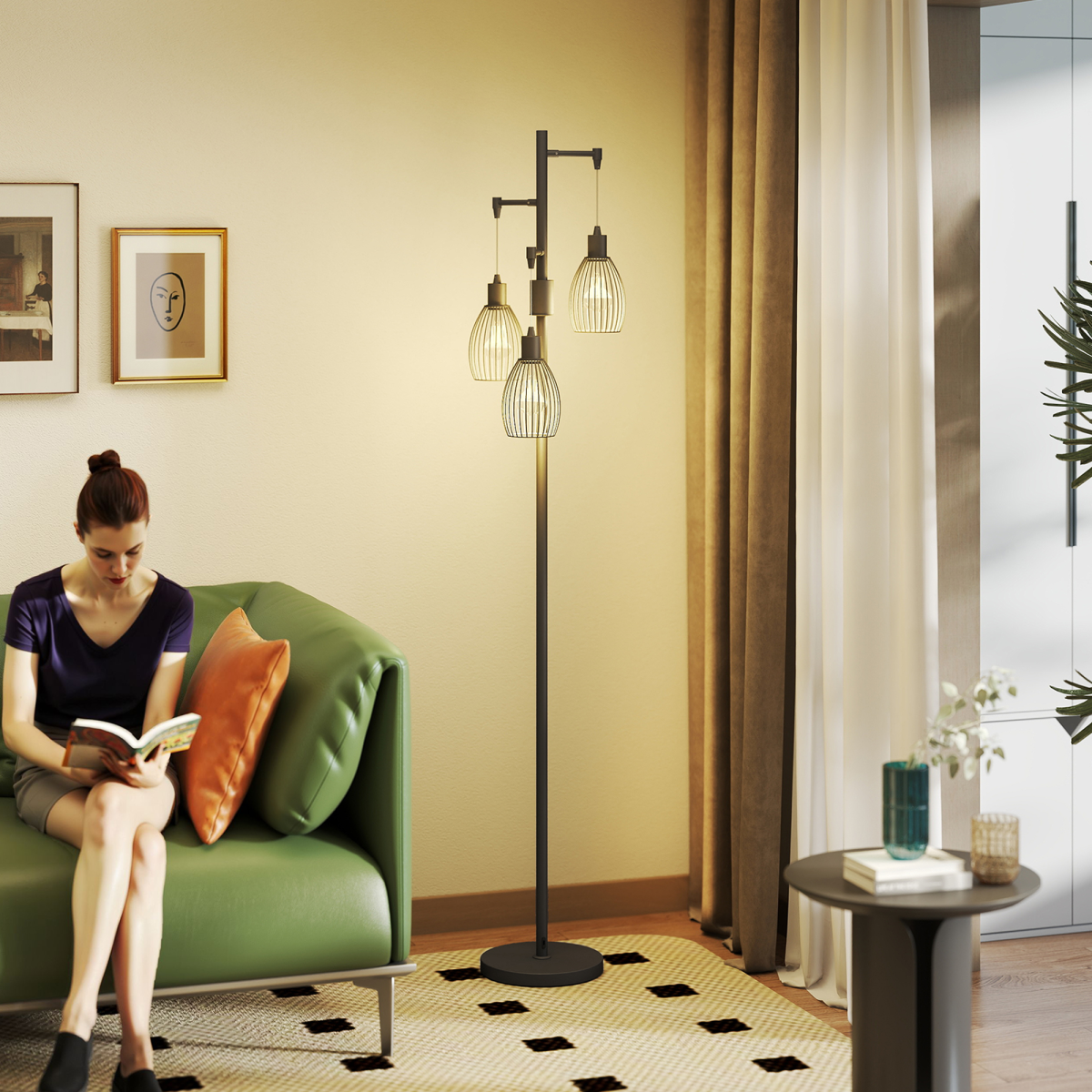The Corvin Floor Lamp — 3-Cage Industrial Standing Lamp