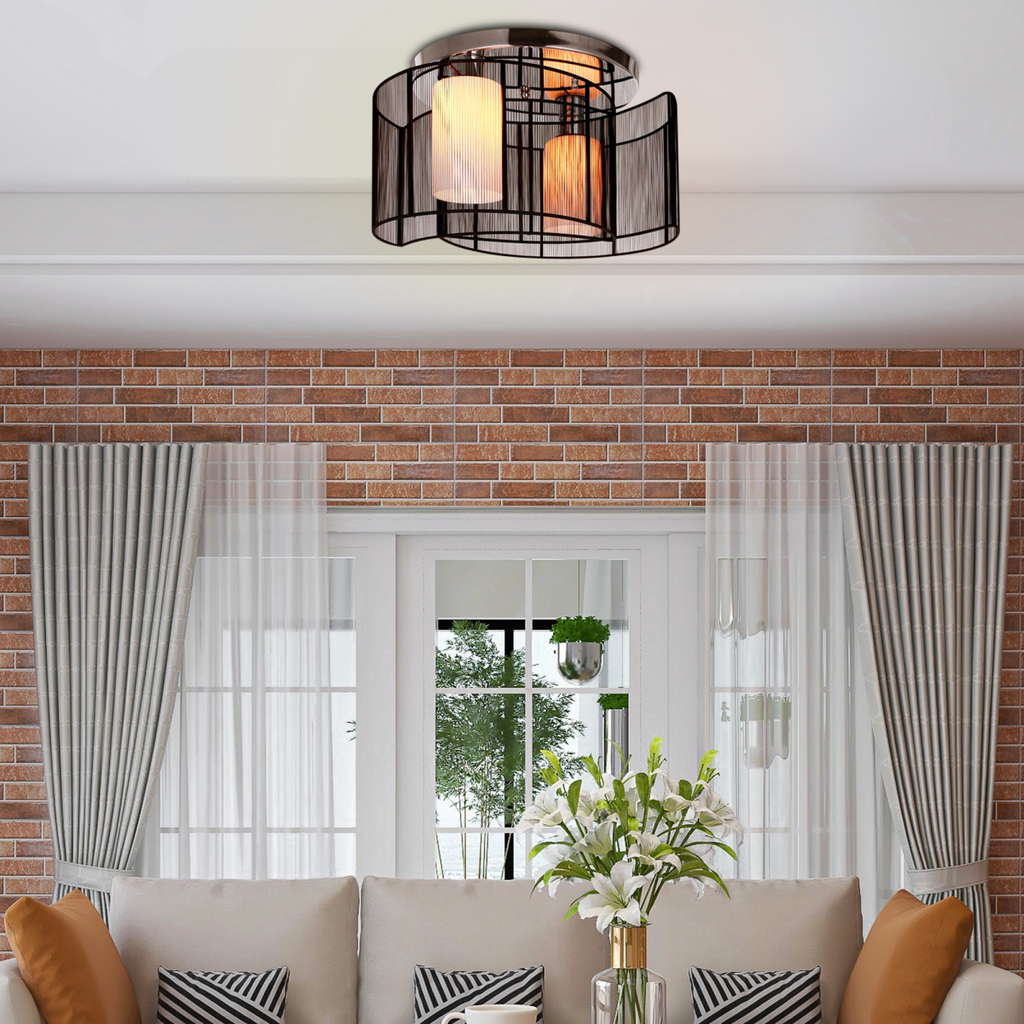 Close-up of the Kura ceiling light's twin-shade design with matte black accents, highlighting craftsmanship and detail