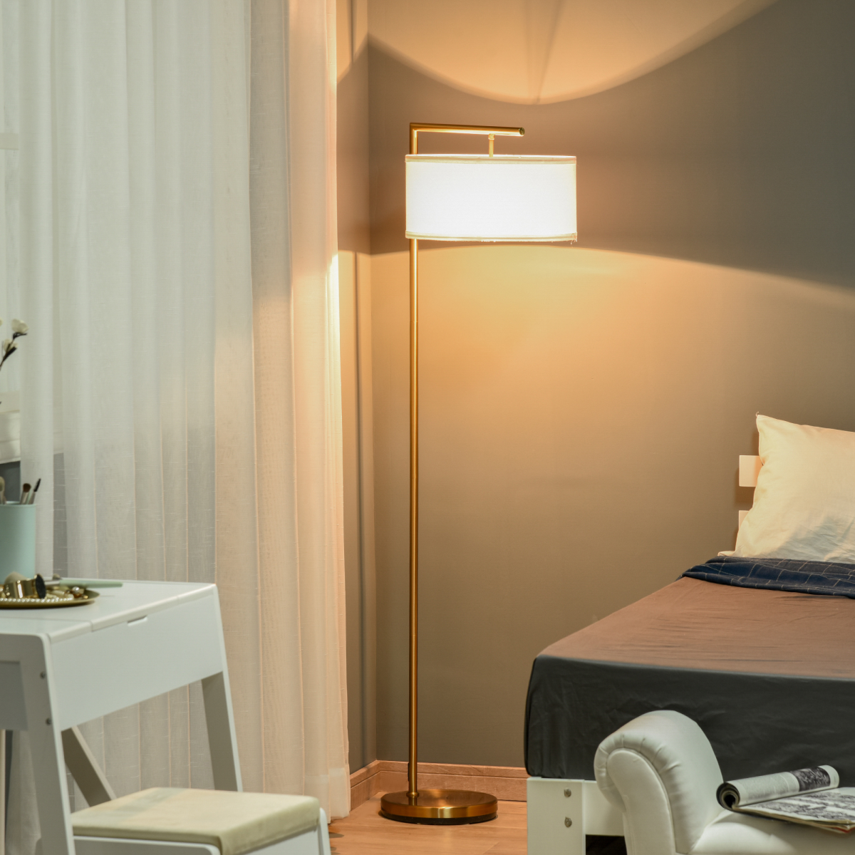 The Delaney Floor Lamp — Gold Pole Linen Drum Standing Lamp