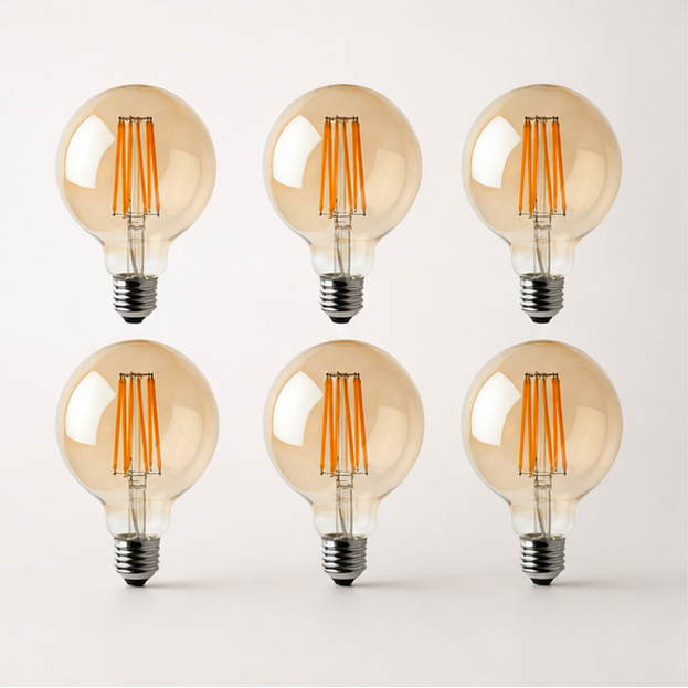 Kensington - Vintage Amber Glass G95 LED Globe Bulbs, E27 2700K, Pack of Six