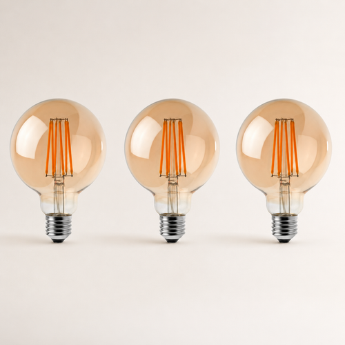 Kensington - Amber Glass G95 E27 Dimmable LED Bulbs, 8W, Pack of Three