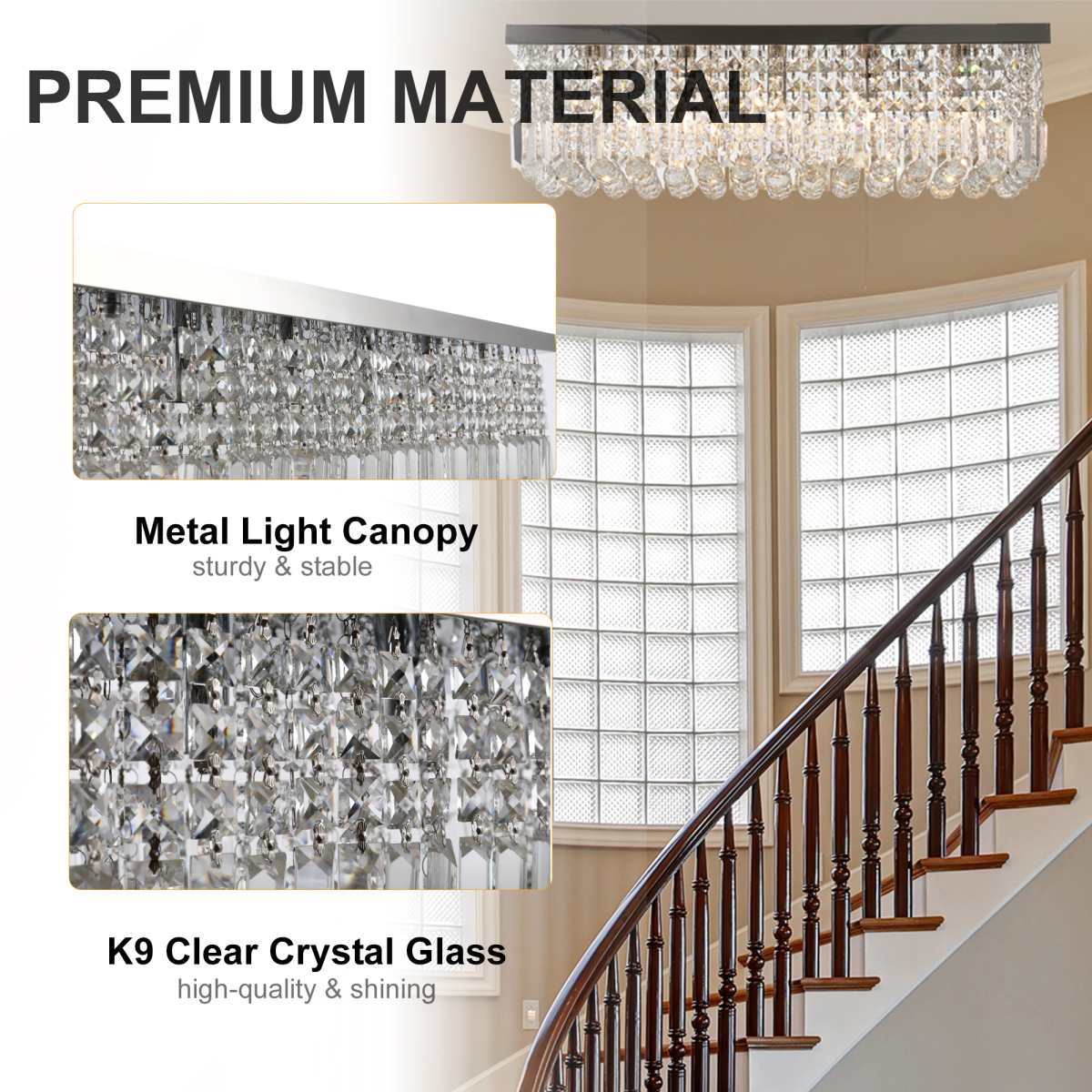 Side view of the Vela crystal bar chandelier, emphasising its geometric shape and layered crystal arrangement