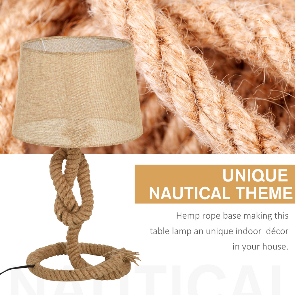 Aldeburgh Hemp Rope & Linen Drum Table Lamp styled on a bedside table with books and decorative accents in a modern bedroom