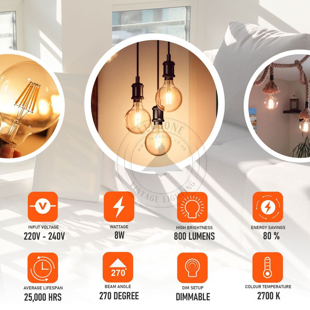 Soho - Amber Glass Globe LED Bulb, G125 E27 Dimmable 8W