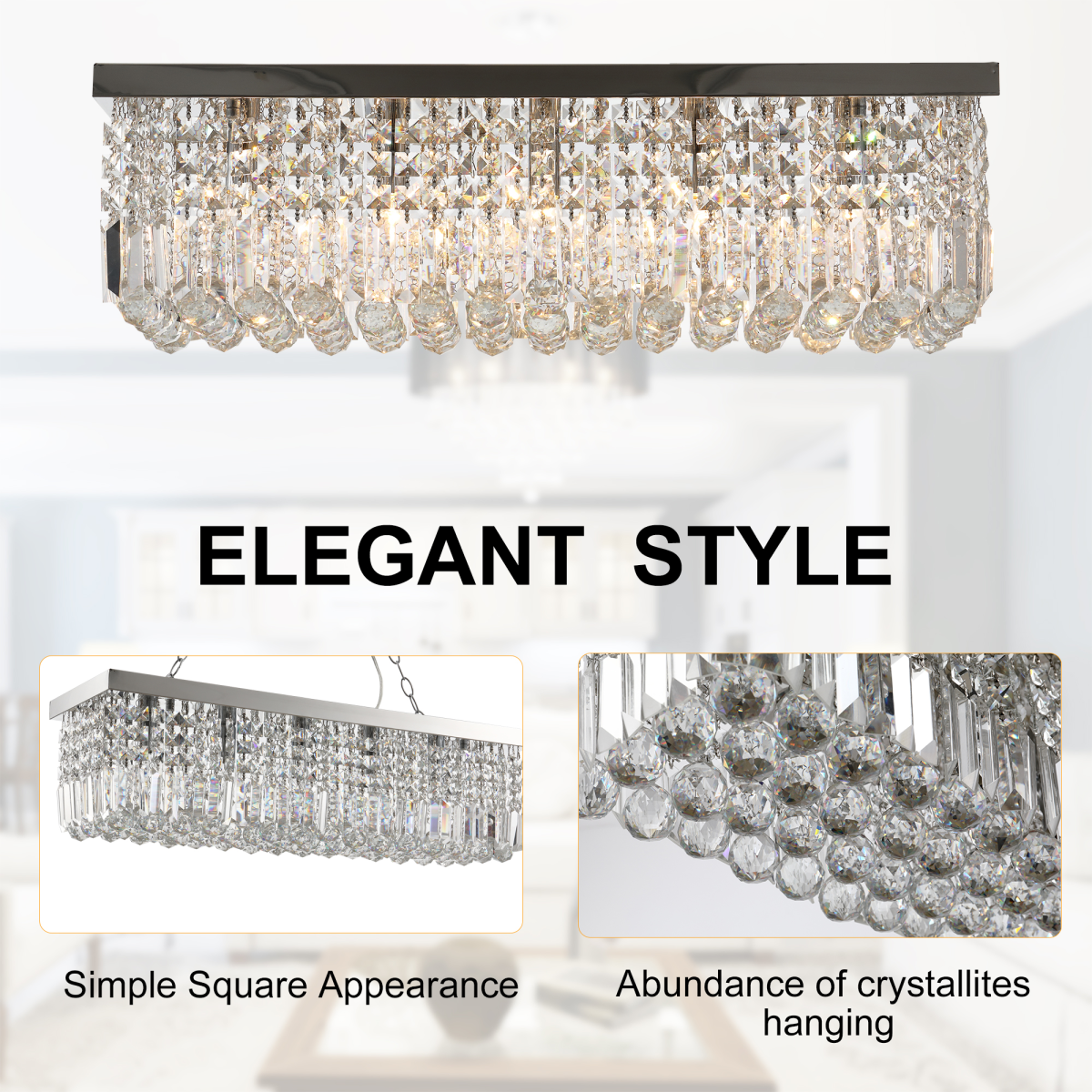 Vela chandelier in a minimalist interior, illustrating its versatile design and luxurious crystal accents