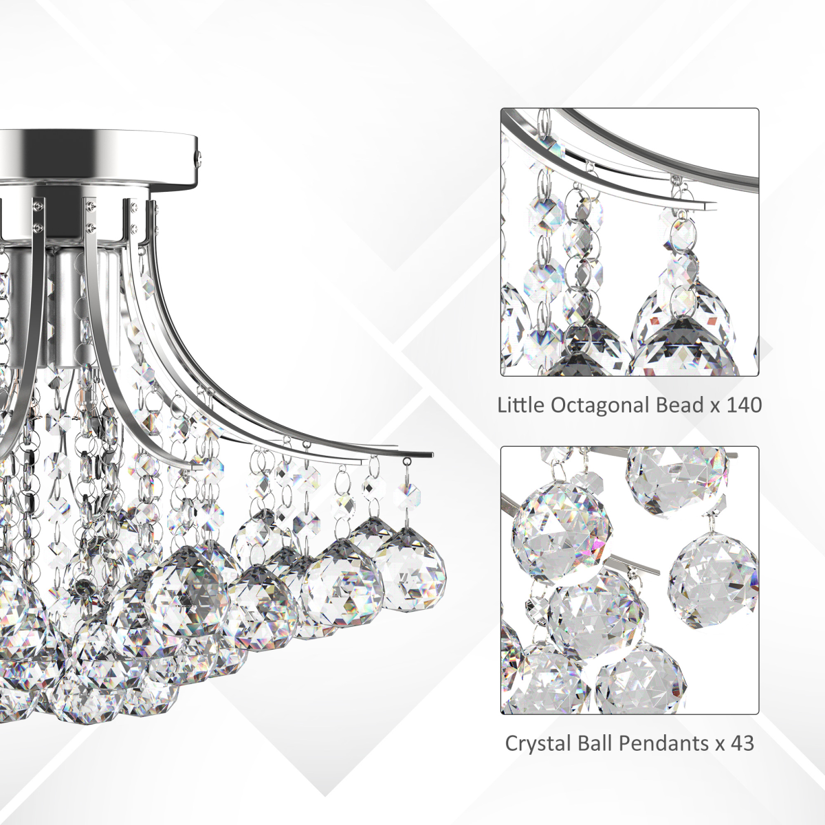 Close-up of the crystal droplets and brass accents on the Lyra petite chandelier, emphasising its premium quality
