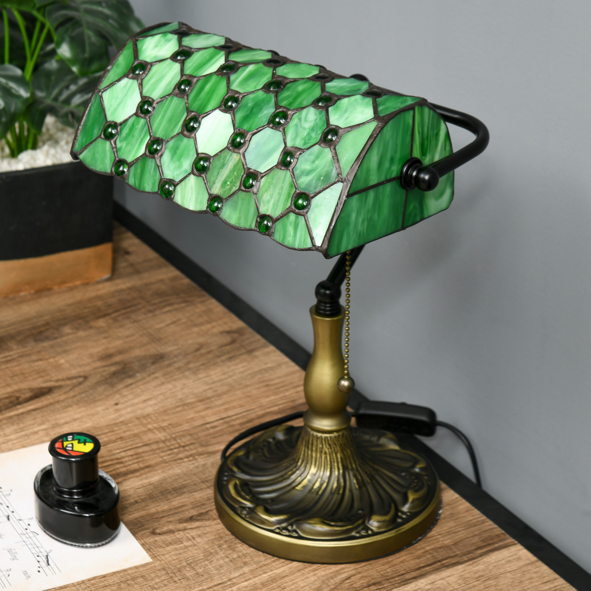 Lincoln Mosaic — Jewelled Stained Glass Banker's Lamp