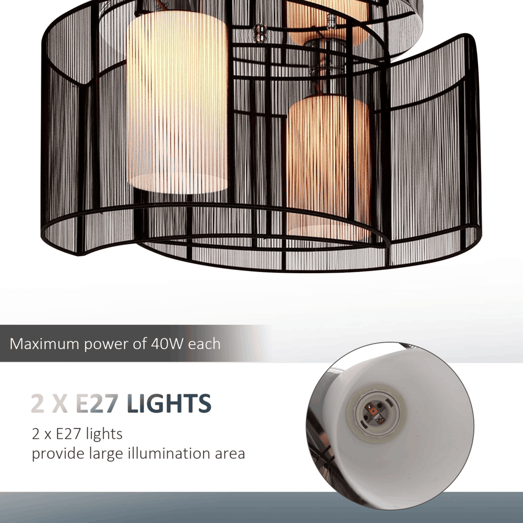 Detail shot of the Kura twin-shade ceiling light's brass fittings and matte black shades, showcasing premium materials