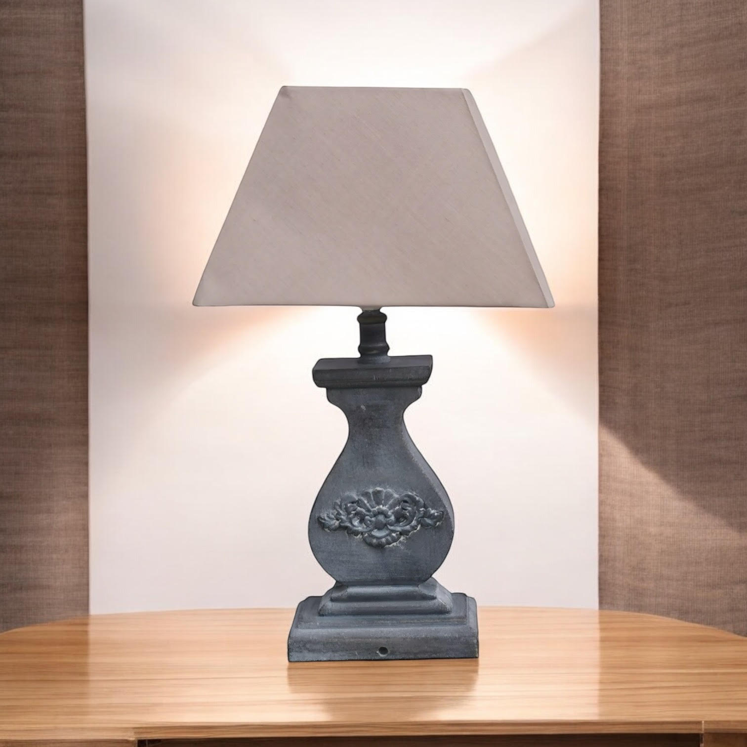 The Cotswold Lamp — Wood-Effect, Taupe Linen Shade