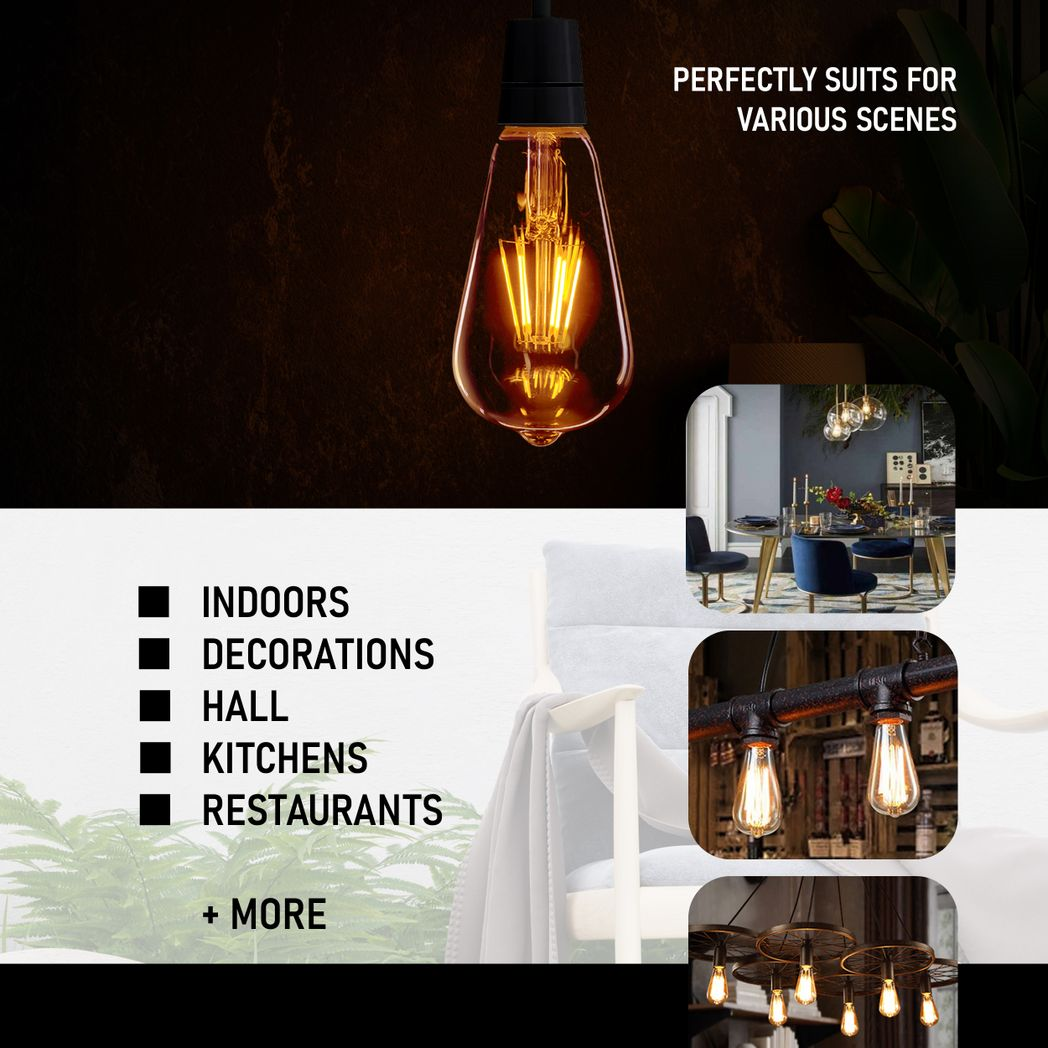Burlington - ST64 Amber Glass Dimmable LED Bulbs, E27 2700K, 8W (Pack of 10)