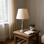 The Ludlow Lamp — Tall Wood-Effect, Taupe Linen Shade