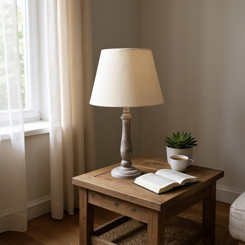 The Ludlow Lamp — Tall Wood-Effect, Taupe Linen Shade