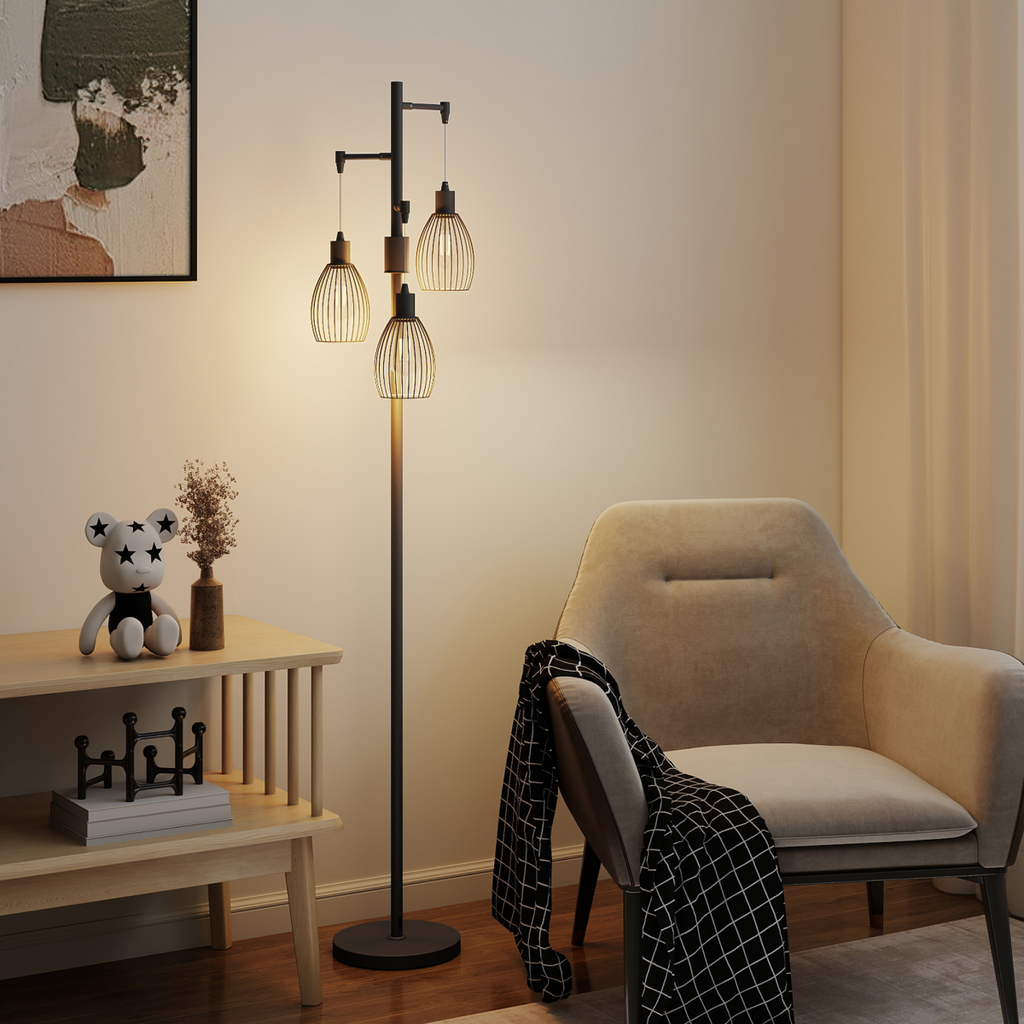 The Corvin Floor Lamp — 3-Cage Industrial Standing Lamp