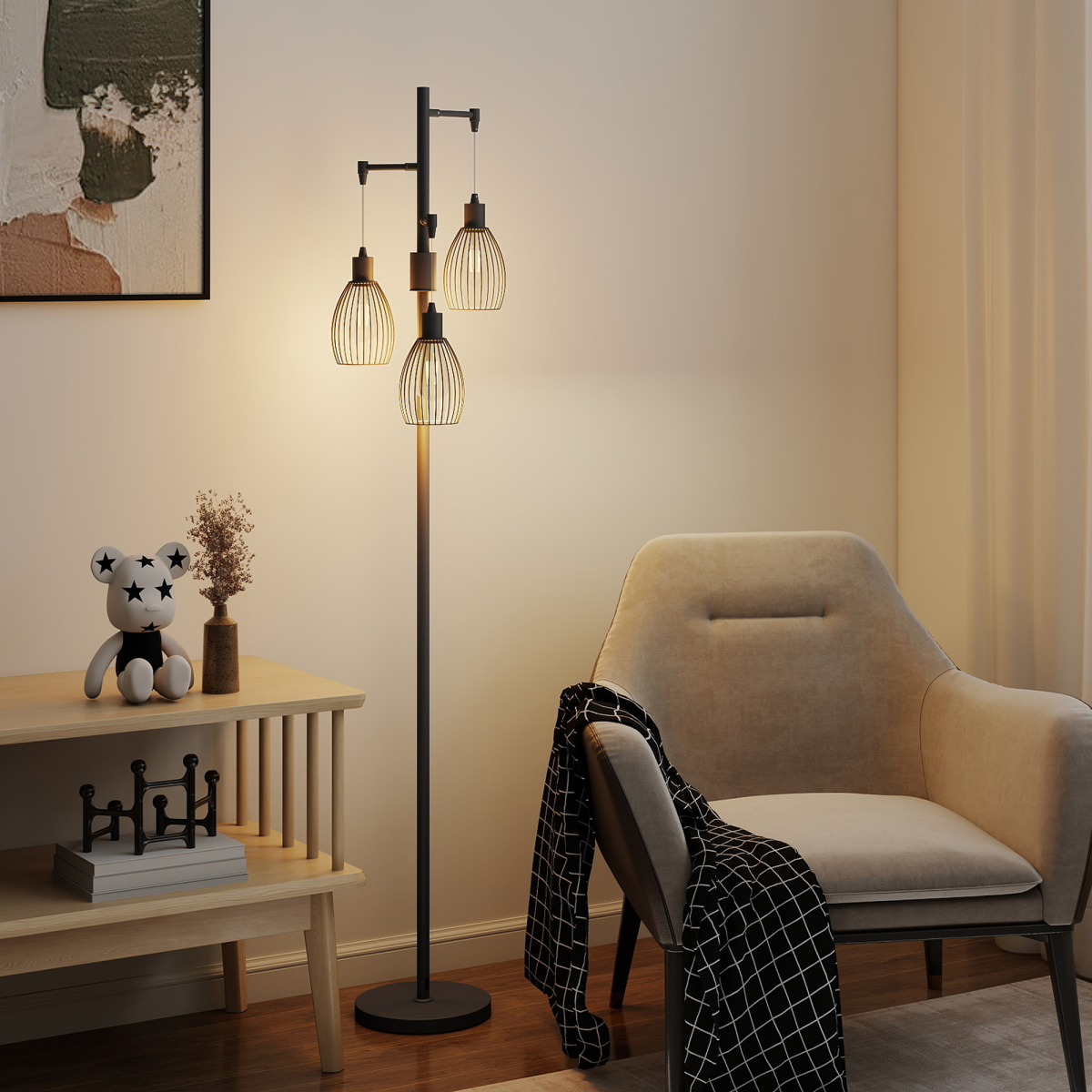 The Corvin Floor Lamp — 3-Cage Industrial Standing Lamp