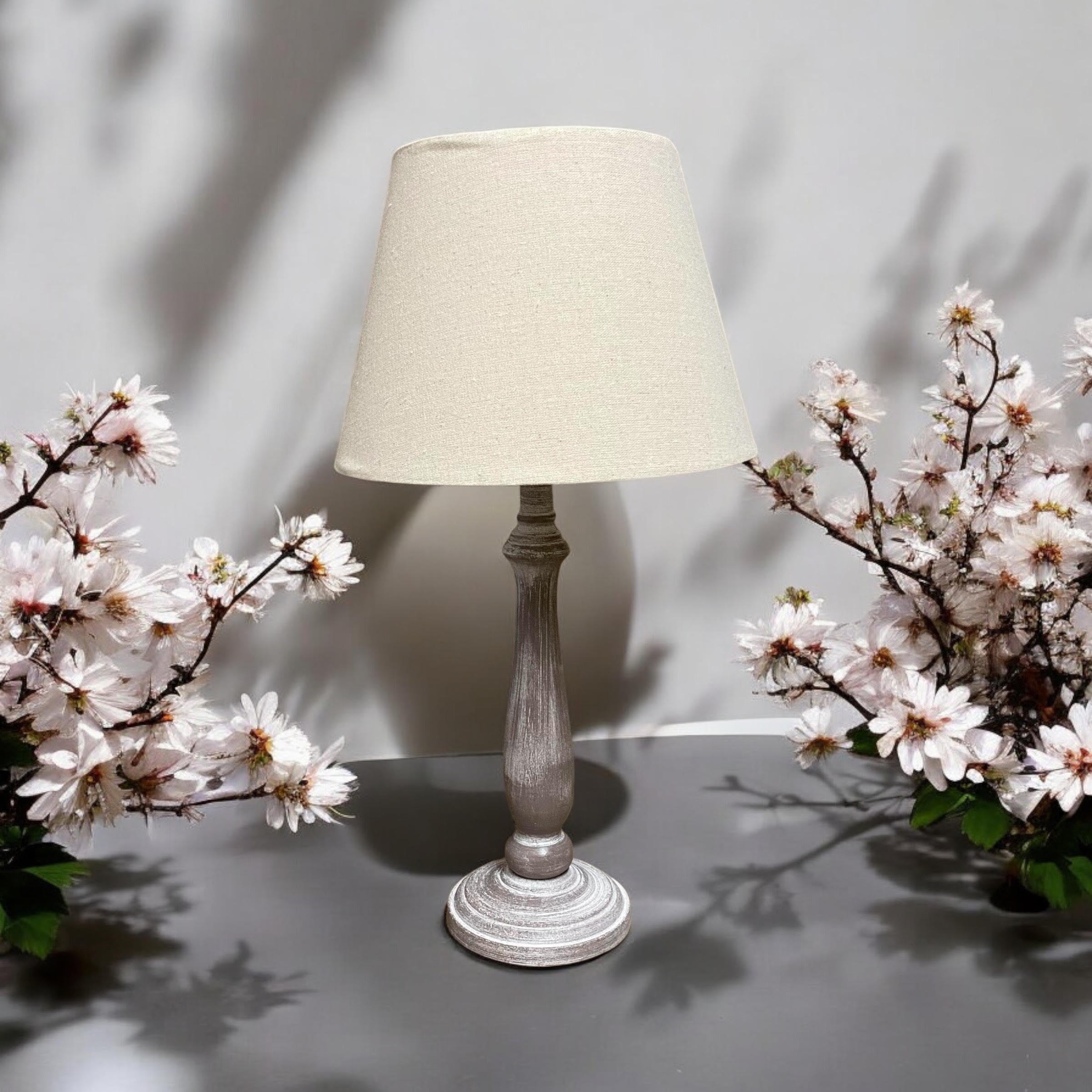The Ludlow Lamp — Tall Wood-Effect, Taupe Linen Shade
