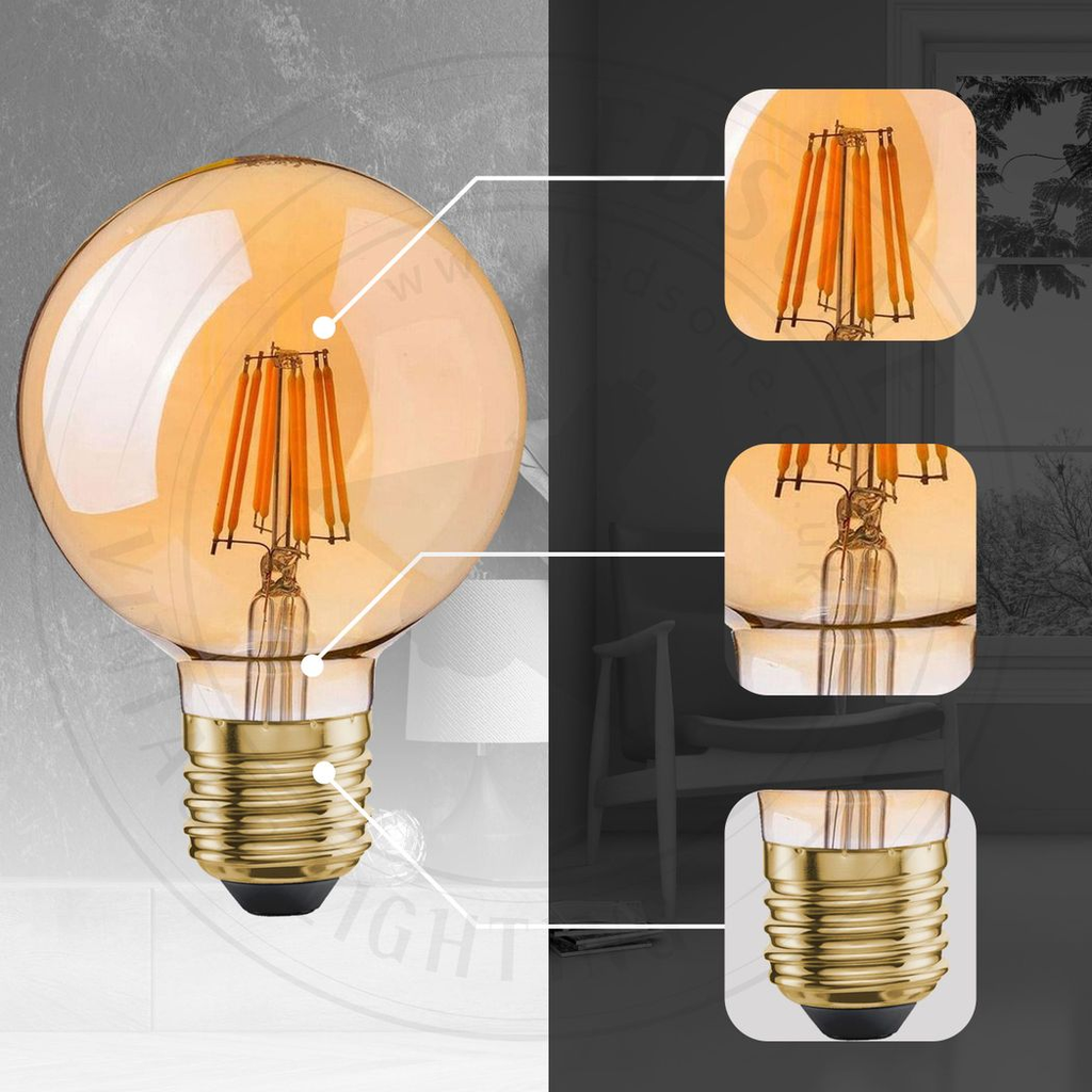Kensington - Vintage Amber Glass Globe LED Bulbs, G95 E27 2700K, 8W, Pack of 2