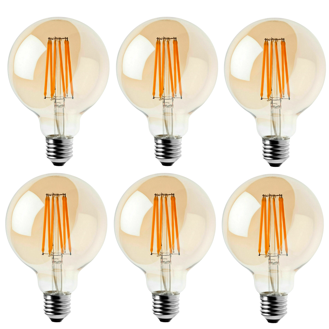 Kensington - Vintage Amber Glass G95 LED Globe Bulbs, E27 2700K, Pack of Six