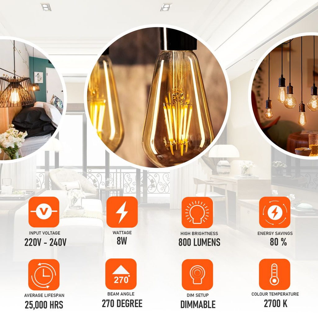 Burlington - ST64 Amber Glass Dimmable LED Bulbs, E27 2700K, 8W (Pack of 10)