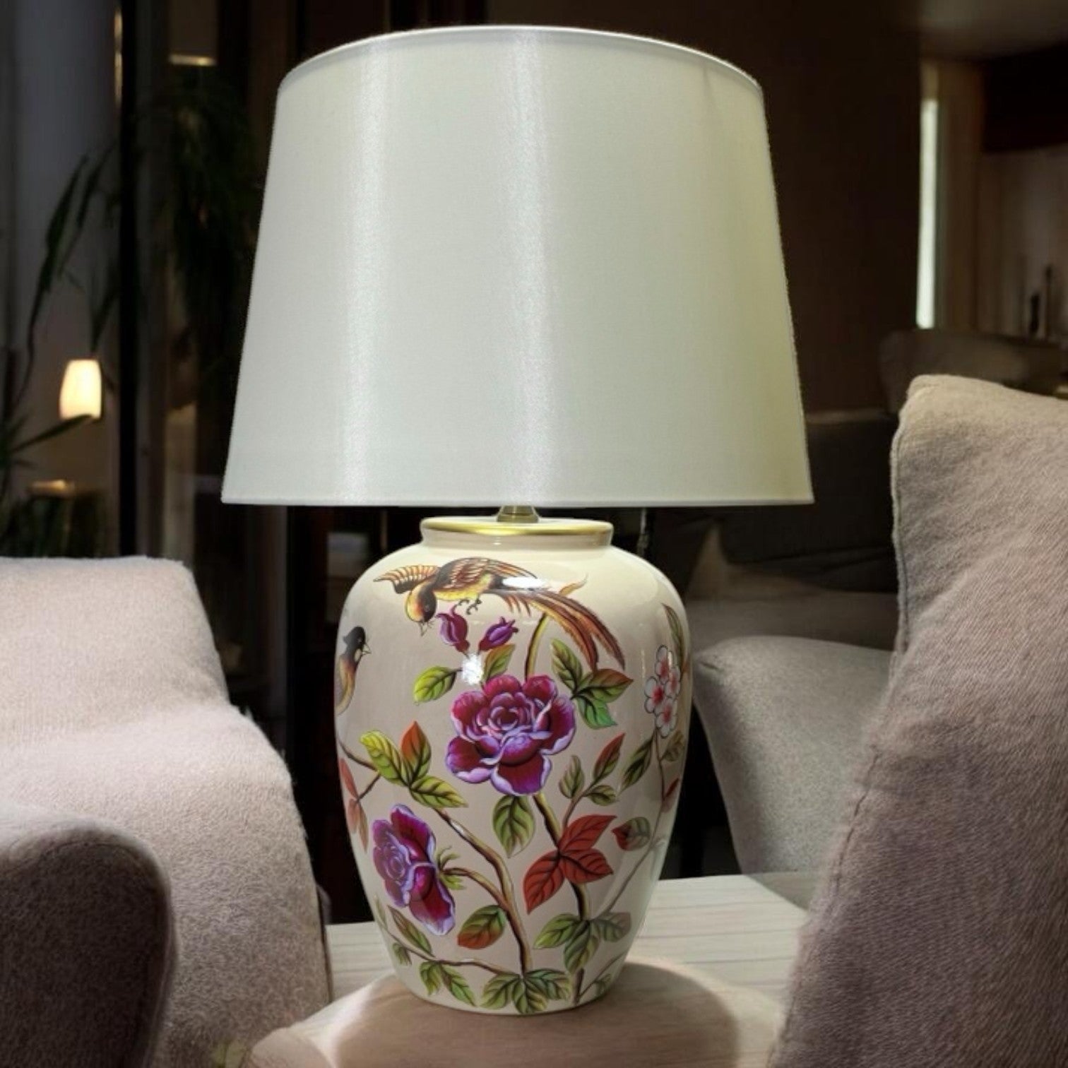 The Evelina Lamp — Floral Ceramic with White Drum Shade