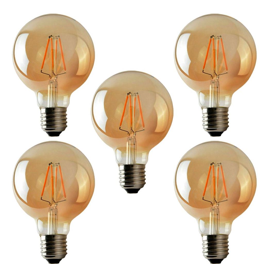 Brompton - Vintage Amber Glass G95 LED Globe Bulbs, E27 Dimmable 2700K, 4W, Set of Five