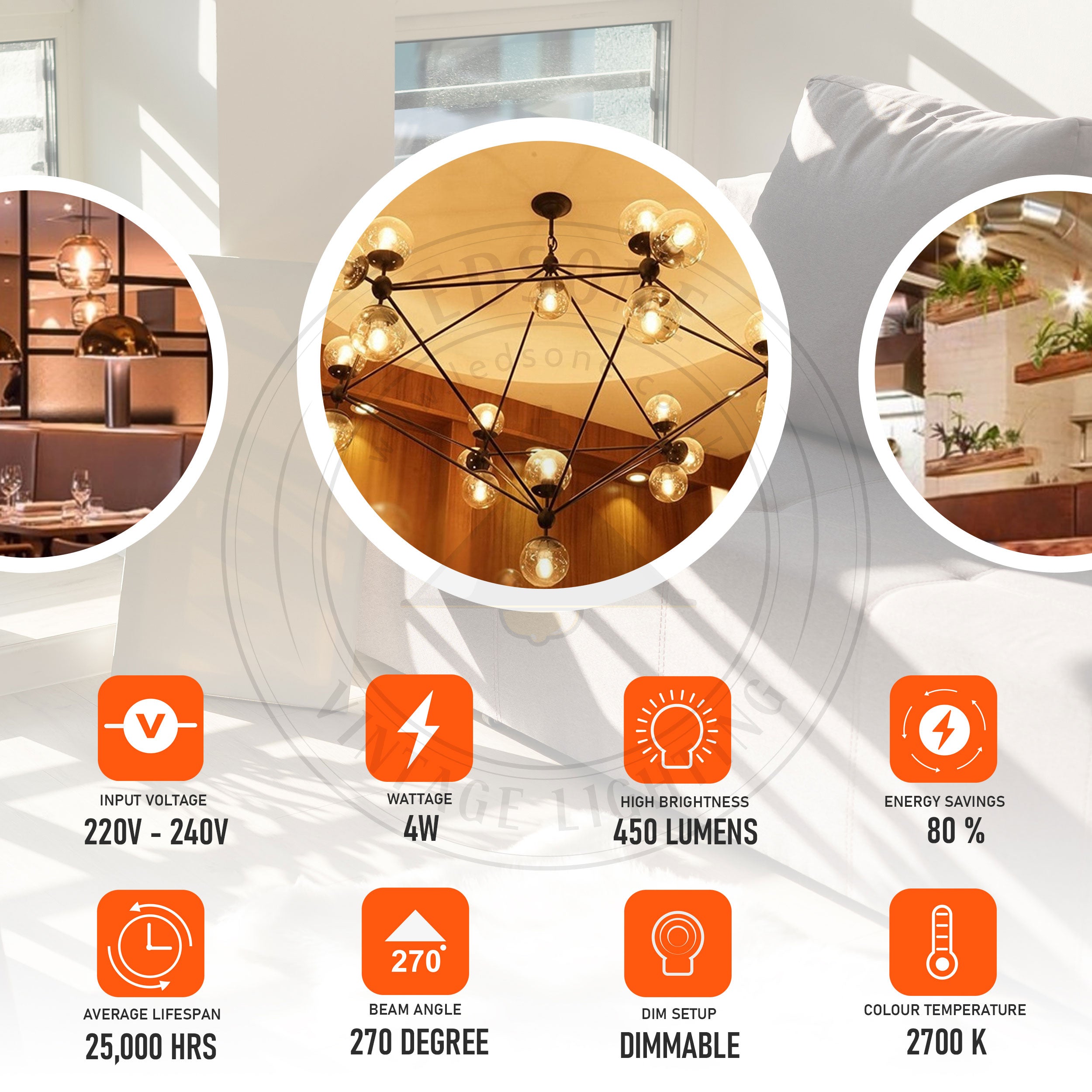 Brompton - Vintage Amber Glass G95 LED Globe Bulbs, E27 Dimmable 2700K, 4W, Set of Five