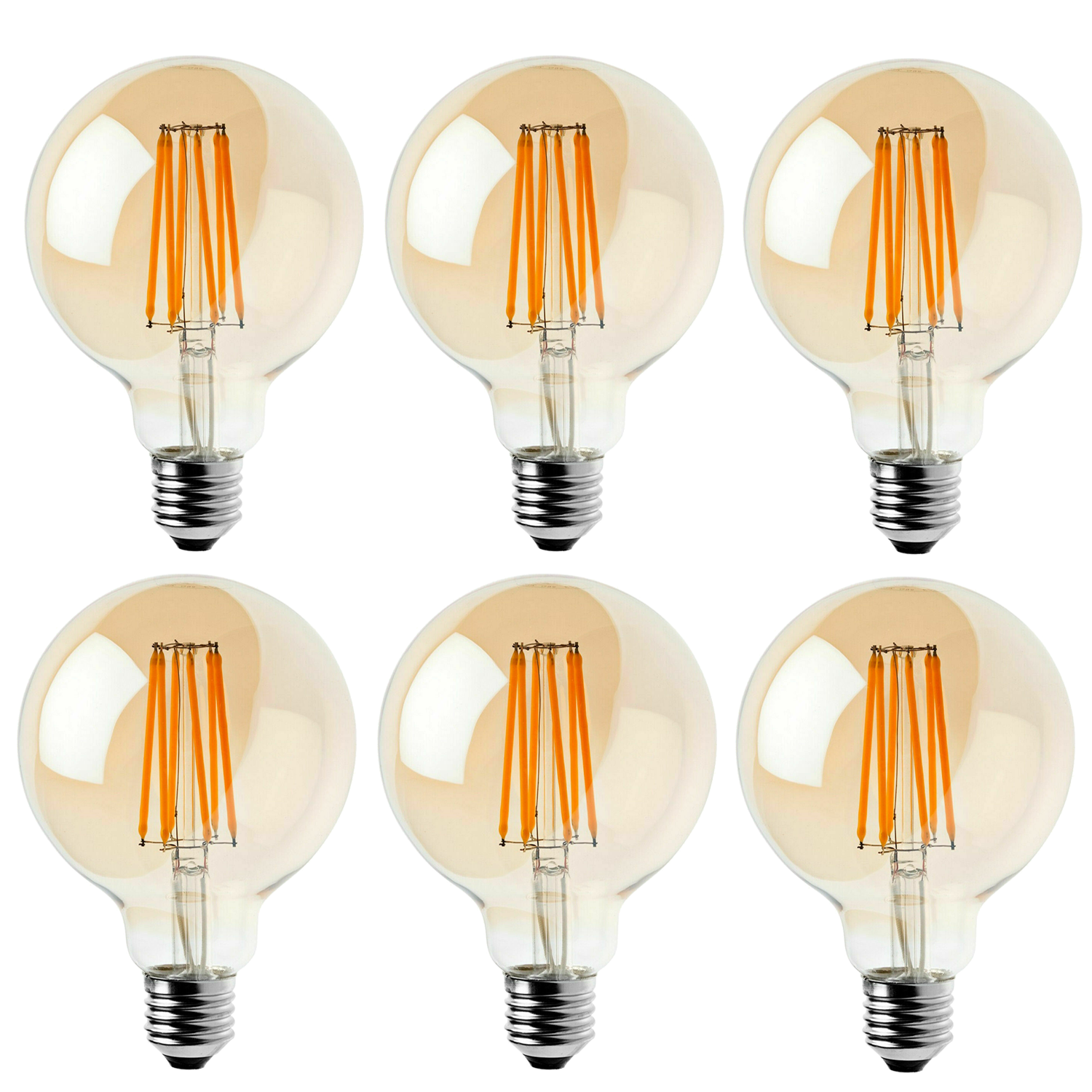 Kensington - Vintage Amber Glass G95 LED Globe Bulbs, E27 2700K, Pack of Six