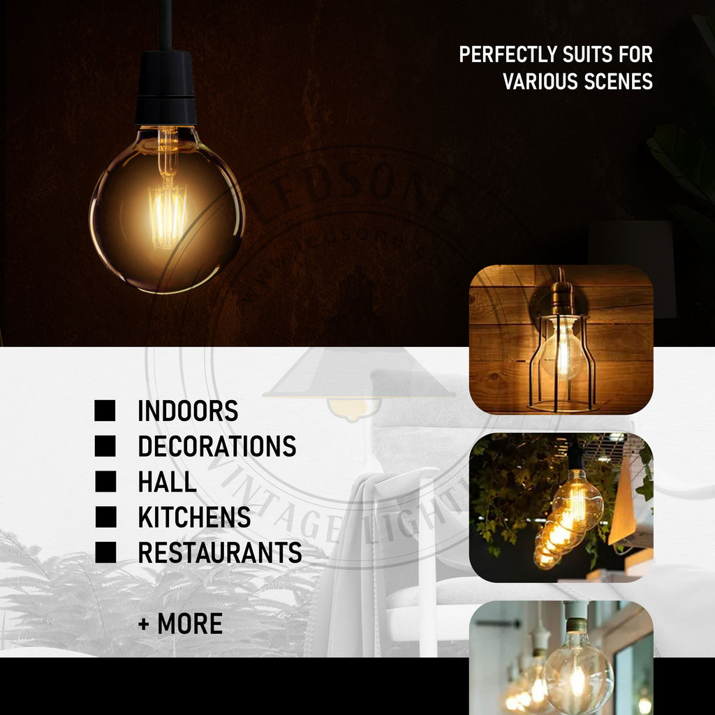 Kensington - Vintage Amber Glass Globe LED Bulbs, G95 E27 2700K, 8W, Pack of 2