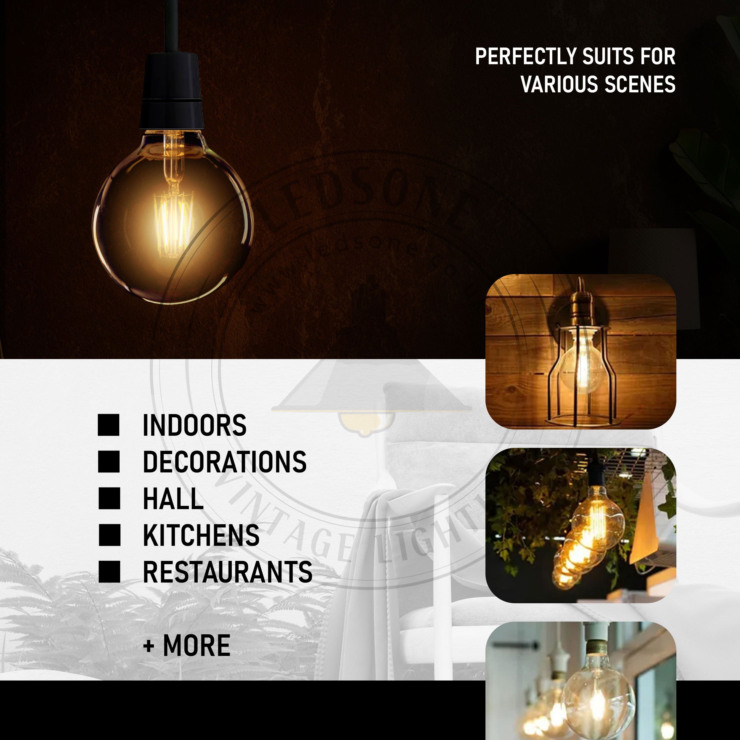 Kensington - Vintage Amber Glass Globe LED Bulbs, G95 E27 2700K, 8W, Pack of 2