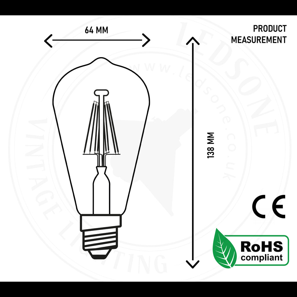 Vintage Edison ST64 LED Filament Bulb – E27 Dimmable Warm White 8W