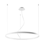 Aurelia single-halo LED pendant chandelier in brushed steel showcasing its sleek design from a side angle