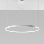 Close-up of the brushed steel finish and modern detailing of the Aurelia single-halo LED pendant chandelier
