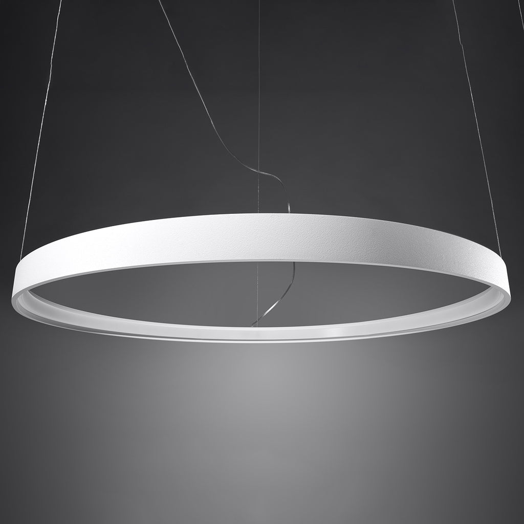 Close-up of the LED light diffuser and brushed steel finish of the Aurelia chandelier