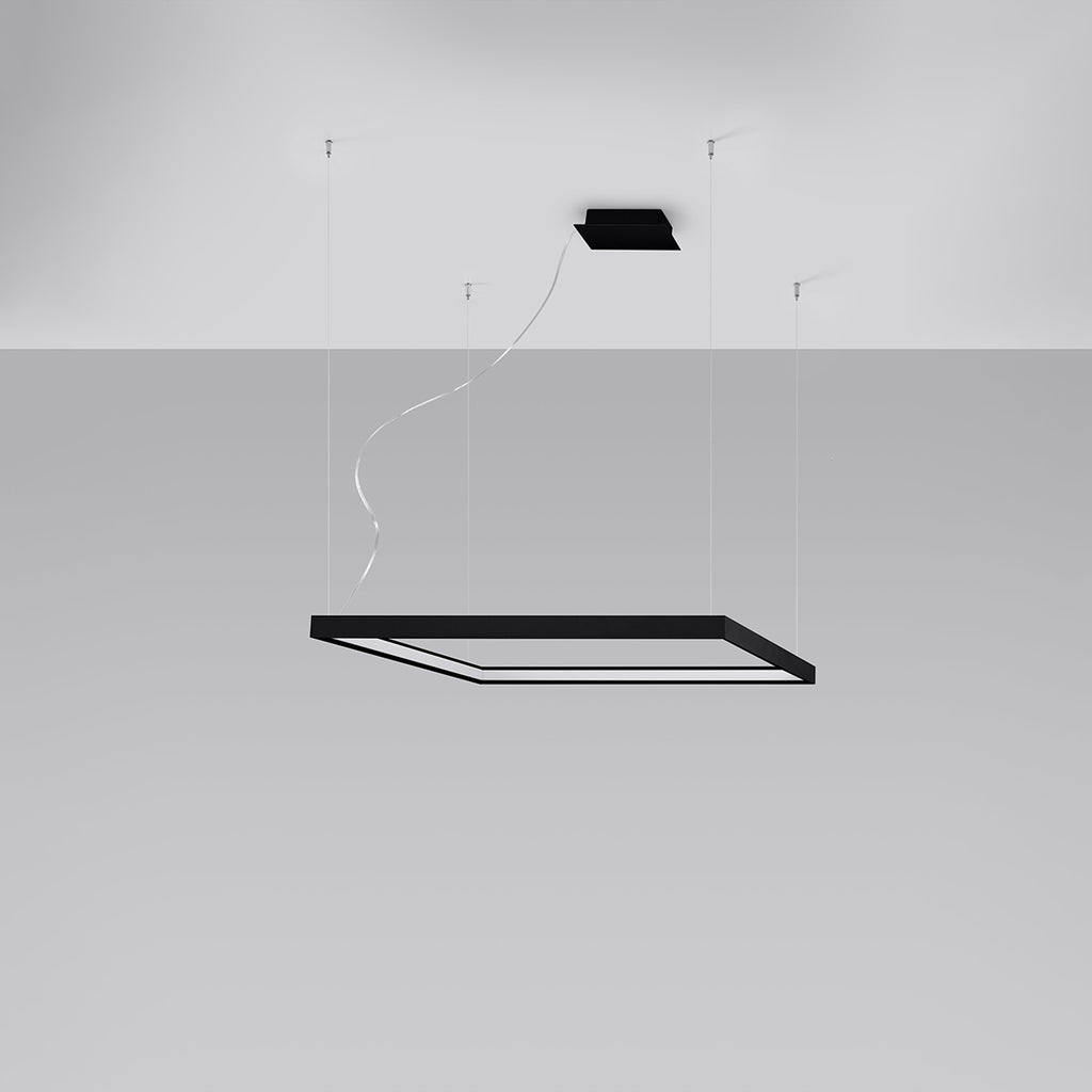 Close-up of the Meridian chandelier's square halo LED lighting in matte black finish highlighting the sleek detail