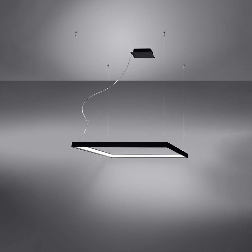 Lifestyle shot of the Meridian square halo LED pendant chandelier in a modern dining room with minimalist decor