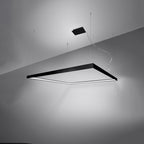 Alternative angle of the Meridian chandelier displaying the square halo LED lights and matte black frame