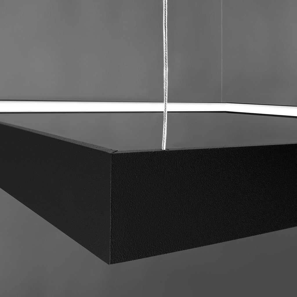 Detail view of the Meridian Square Halo LED Pendant Chandelier's clean lines and matte black finish