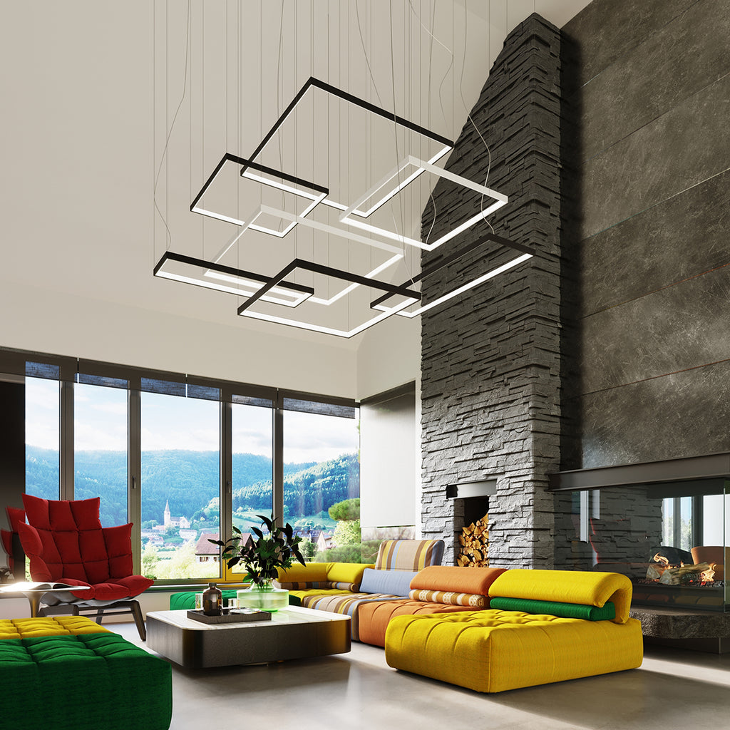 Close-up of the mounting hardware and connection details of the Meridian Square Halo LED Pendant Chandelier