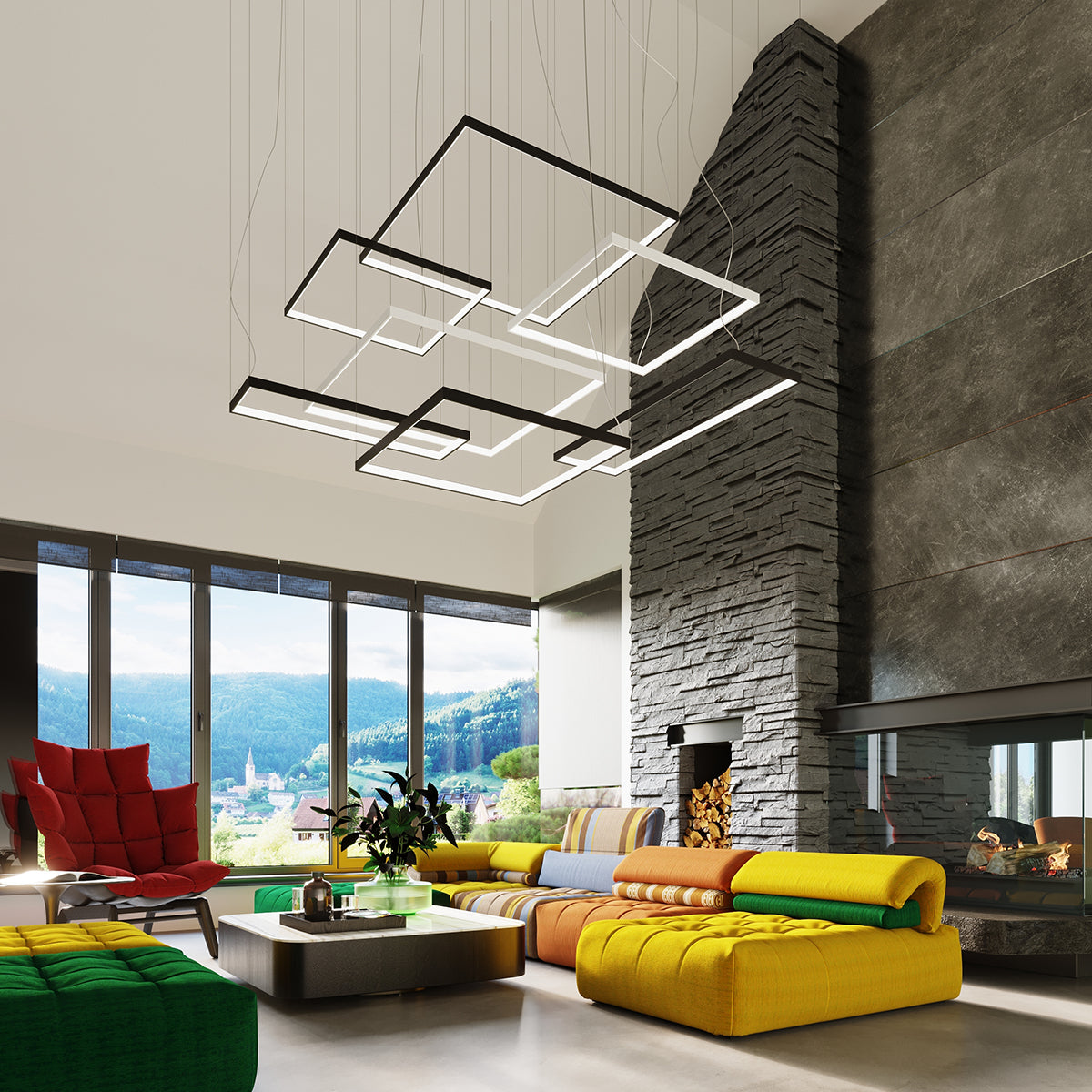 Close-up of the mounting hardware and connection details of the Meridian Square Halo LED Pendant Chandelier