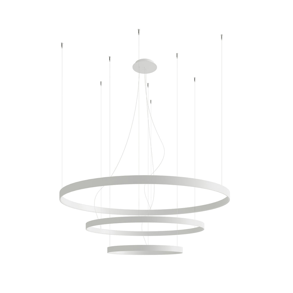 Close-up of the Rio tiered LED halo pendant chandelier in brushed aluminium, showcasing its sleek modern design by ZYVORAN