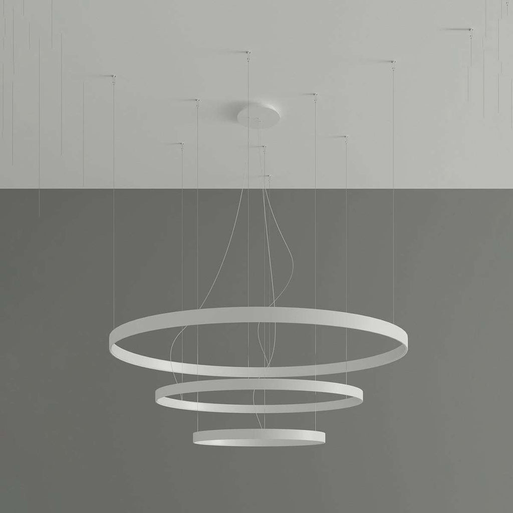 Detail shot of the LED halo rings in the Rio chandelier, highlighting the brushed aluminium finish and contemporary style