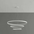 Detail shot of the LED halo rings in the Rio chandelier, highlighting the brushed aluminium finish and contemporary style
