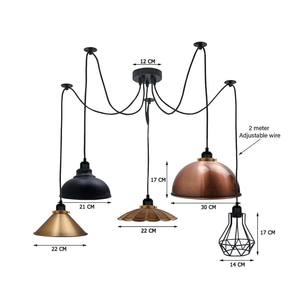 Borough spider pendant chandelier dimensional diagram showing shade sizes and 2-metre adjustable wire