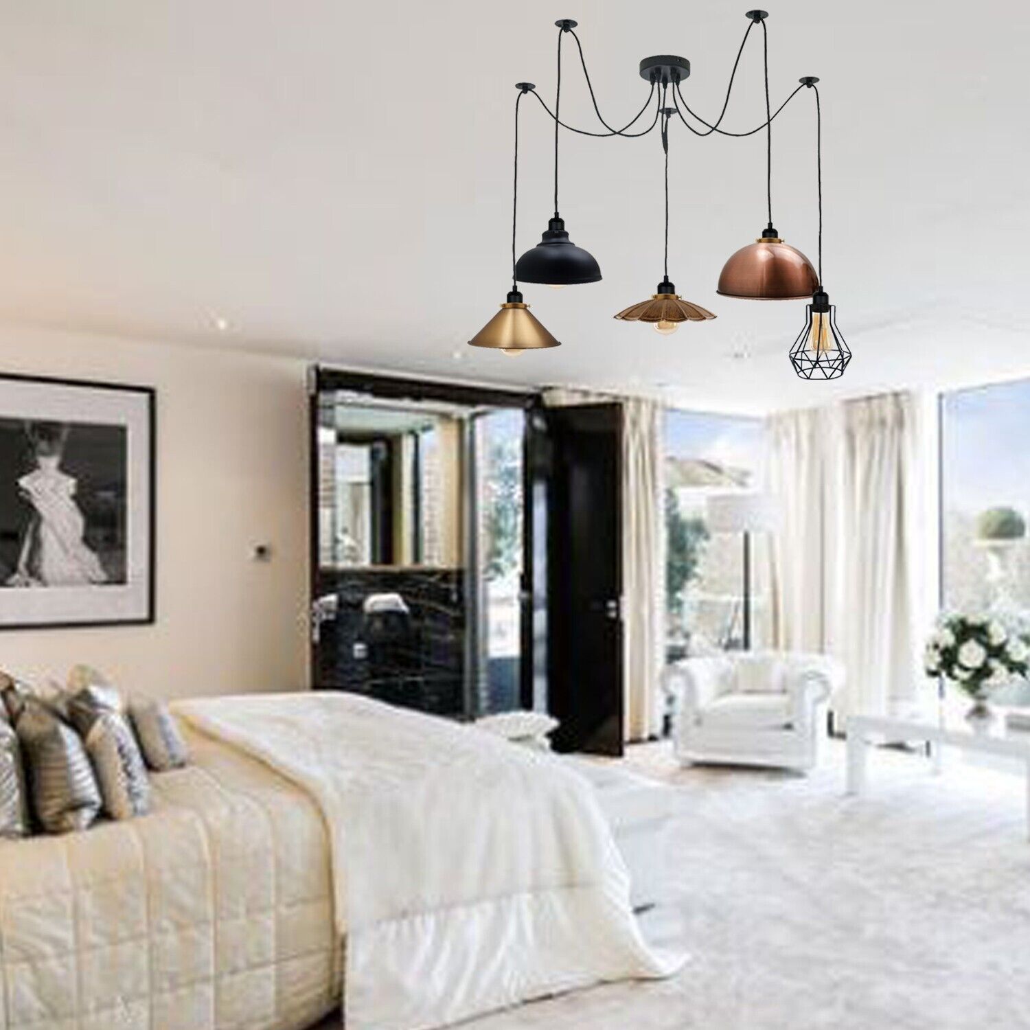 Borough spider cluster chandelier installed in a contemporary bedroom with natural light
