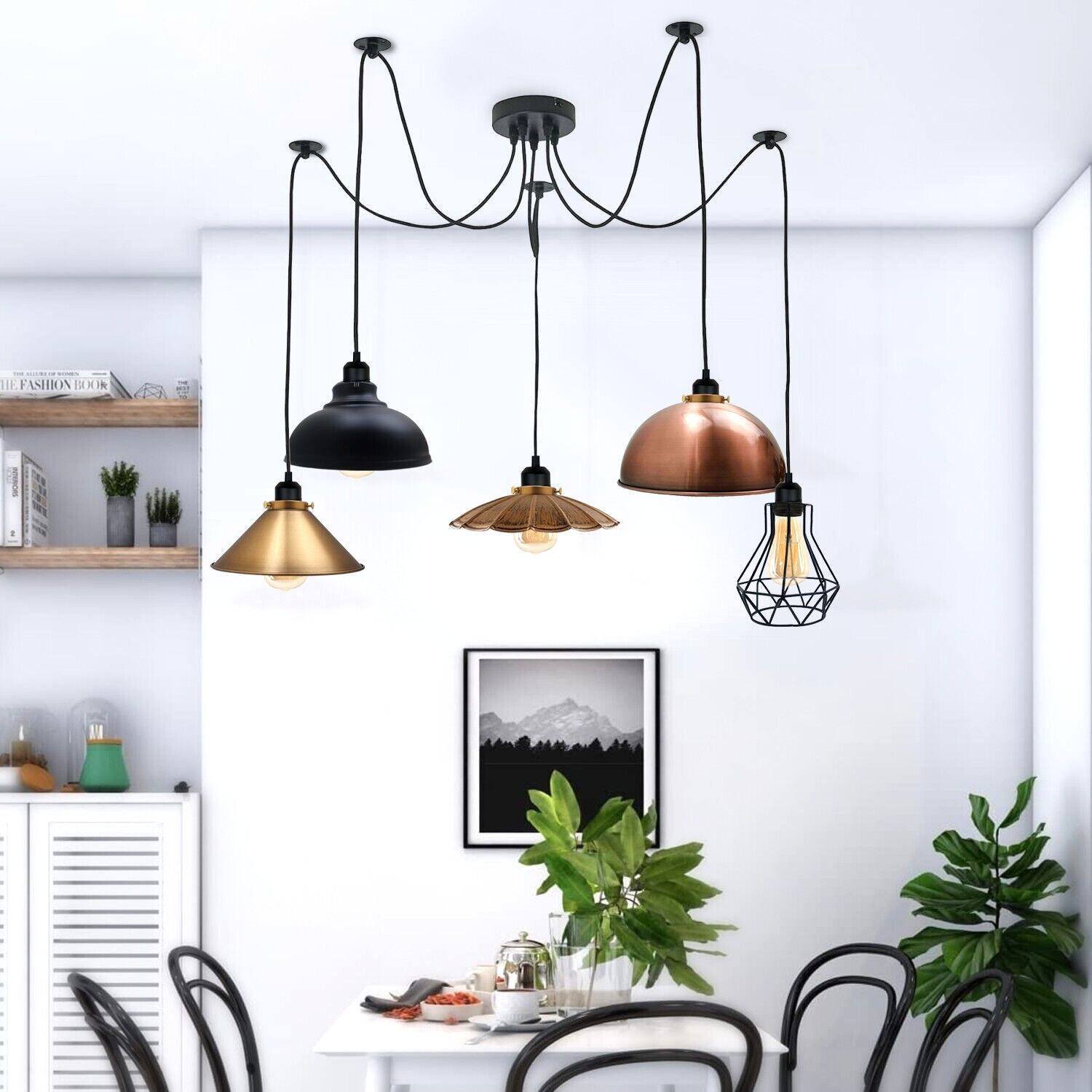 Borough industrial spider pendant with mixed vintage shades above a kitchen dining table
