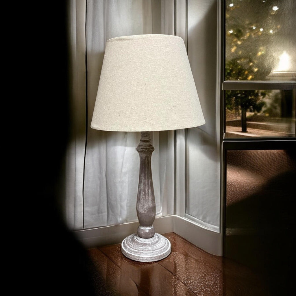 The Ludlow Lamp — Tall Wood-Effect, Taupe Linen Shade