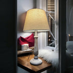 The Ludlow Lamp — Tall Wood-Effect, Taupe Linen Shade